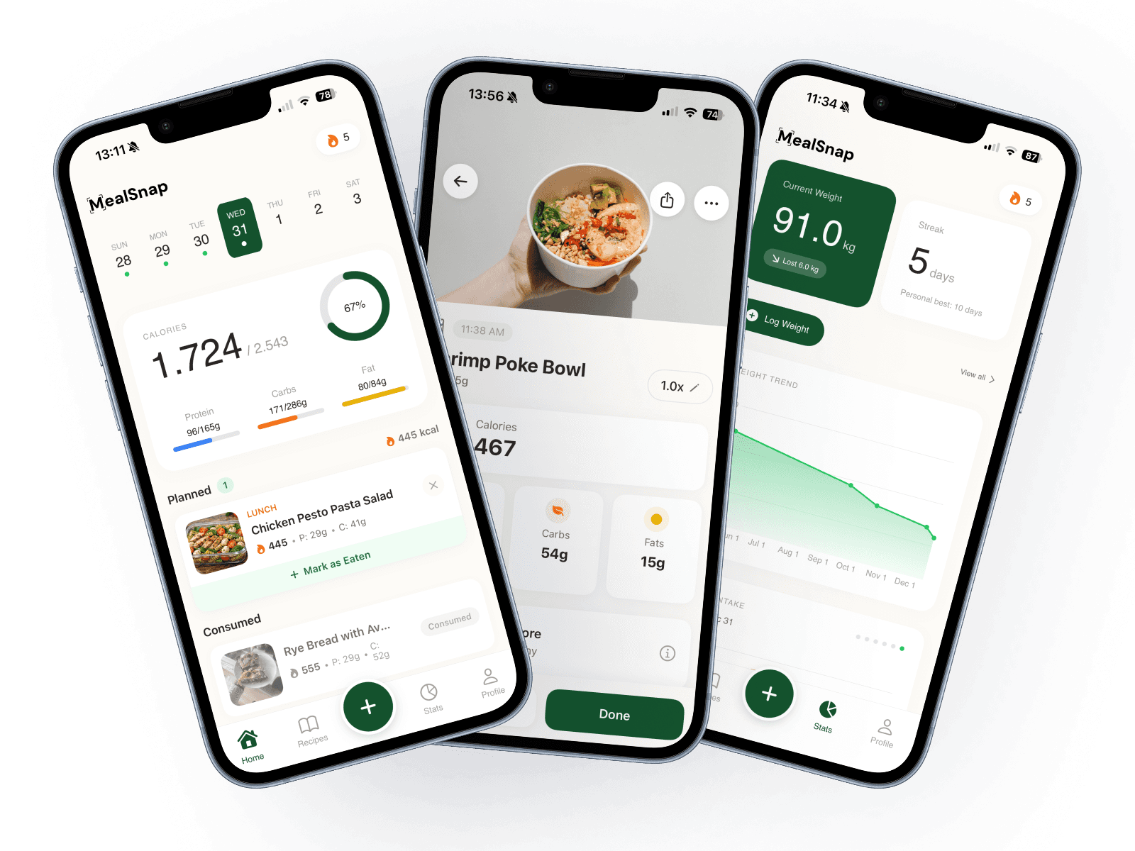 MealSnap app showing calorie tracking, food scanning, and weight tracking